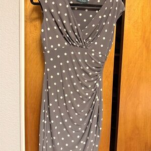 Ralph Lauren Gray with White Polka Dot Sleeveless Wrap-Style Midi Dress